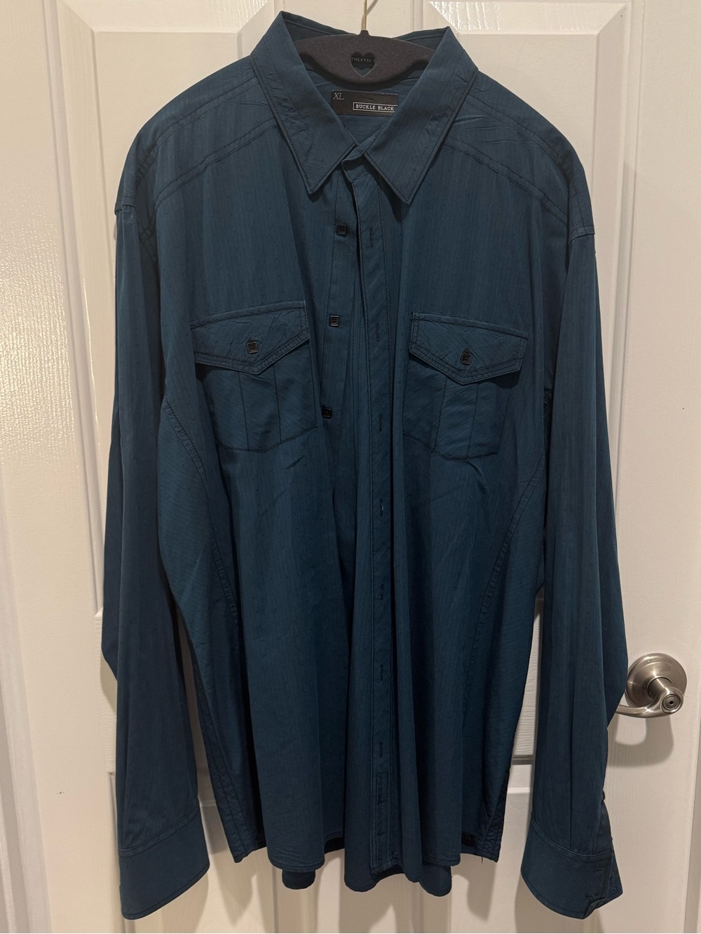 Mens Buckle Black Dark Teal Long-Sleeve Button Down Shirt Size XL
